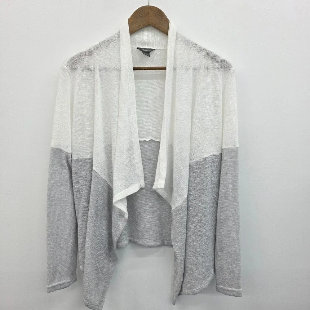 Eddie Bauer‎ Womens M Gray White Knit Cardigan Sweater Long Sleeve Open Front